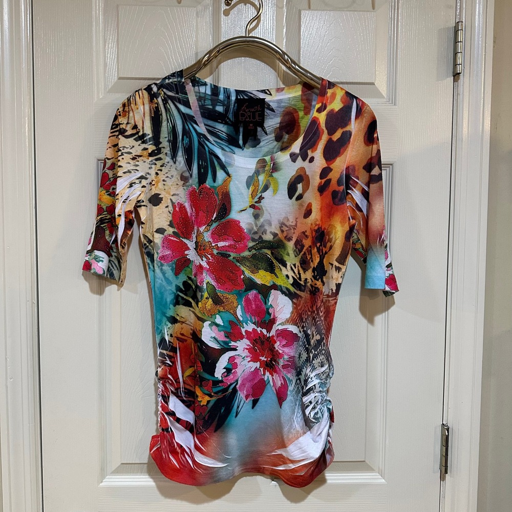 French Blue Womens Floral Leopard Print Rhinestone Ruched Top Medium M11D0224